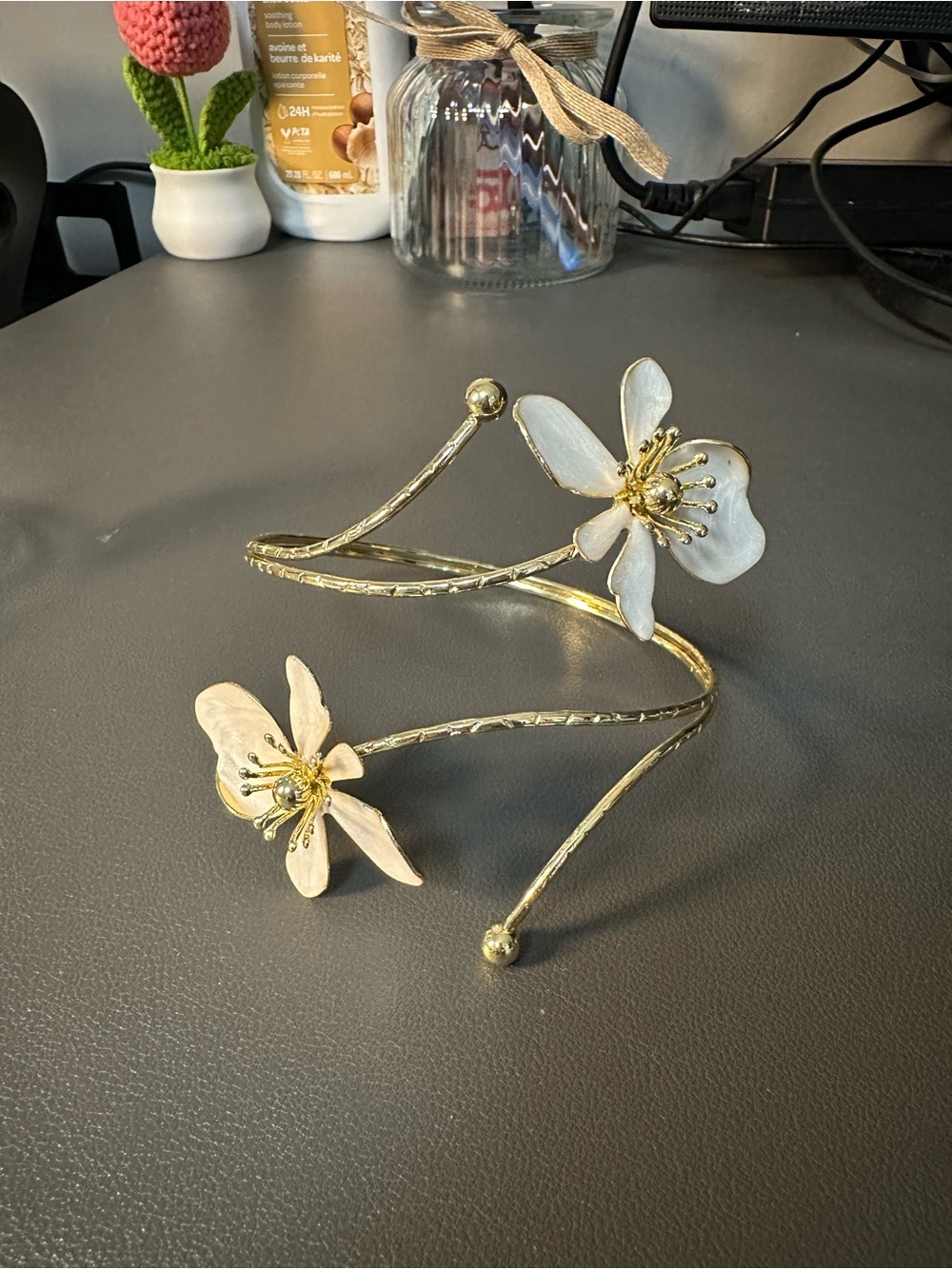 Gold Floral Cuff Bracelet with 3D White Enamel Flowers
